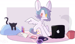 Size: 1881x1117 | Tagged: safe, artist:emily-826, imported from derpibooru, oc, oc only, oc:shylu, cat, pegasus, pony, book, computer, female, headphones, heterochromia, laptop computer, mare, sitting, solo