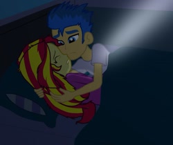 Size: 975x819 | Tagged: safe, artist:majkashinoda626, imported from derpibooru, flash sentry, sunset shimmer, equestria girls, bed, darkness, female, flashimmer, hug, in bed, male, nightmare, pillow, shipping, straight