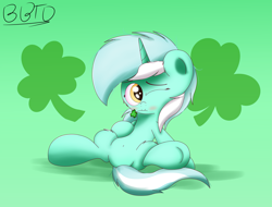 Size: 3505x2660 | Tagged: safe, artist:bronybehindthedoor, imported from derpibooru, lyra heartstrings, pony, unicorn, belly button, blushing, clover, female, four leaf clover, mare, one eye closed, shamrock, sitting, solo, spread legs, spreading