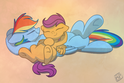 Size: 3000x2000 | Tagged: safe, artist:glitterstar2000, imported from derpibooru, rainbow dash, scootaloo, pony, cute, cutealoo, dashabetes, eyes closed, female, hnnng, on back, scootalove, simple background, sleeping, smiling, underhoof