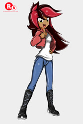 Size: 1000x1500 | Tagged: safe, artist:ryured, imported from derpibooru, oc, oc only, oc:calvia, human, boots, clothes, commission, female, high heel boots, jacket, shoes