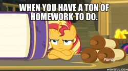 Size: 600x337 | Tagged: safe, edit, edited screencap, imported from derpibooru, screencap, sunset shimmer, equestria girls, equestria girls series, forgotten friendship, image macro, meme, memeful.com, sunset shimmer is not amused, unamused