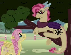Size: 1977x1536 | Tagged: safe, artist:kindheart525, imported from derpibooru, fluttershy, oc, oc:bedlam, draconequus, hybrid, pegasus, pony, kindverse, alternate hairstyle, braid, draconequus oc, female, interspecies offspring, mother and daughter, offspring, parent:discord, parent:fluttershy, parents:discoshy