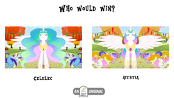 Size: 1920x1080 | Tagged: safe, edit, edited screencap, imported from derpibooru, screencap, bon bon, carrot top, dizzy twister, golden harvest, minuette, orange swirl, princess celestia, sea swirl, seafoam, spring melody, sprinkle medley, sweetie drops, twinkleshine, alicorn, pony, fall weather friends, bowing, shitposting, unitinu, who would win