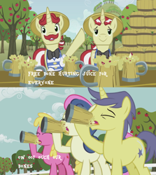 Size: 2560x2864 | Tagged: safe, edit, edited screencap, imported from derpibooru, screencap, bon bon, cherry berry, comet tail, flam, flim, sweetie drops, earth pony, pony, unicorn, the super speedy cider squeezy 6000, bone hurting juice, cider, flim flam brothers, mug, shitposting, sweet apple acres, tankard