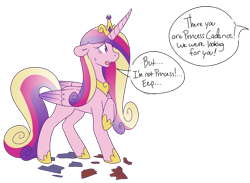 Size: 1937x1419 | Tagged: safe, artist:kipaki, imported from derpibooru, princess cadance, alicorn, pony, clothes, female, horn, human to pony, jewelry, male to female, raised hoof, regalia, rule 63, simple background, solo, speech bubble, sweat, torn clothes, transformation, transformed, transgender transformation, transparent background, wings, worried