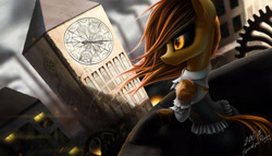 Size: 1944x1111 | Tagged: safe, artist:zigword, imported from derpibooru, oc, oc only, pony, black sclera, city, clock tower, clothes, commission, female, mare, signature, solo, steampunk, windswept mane