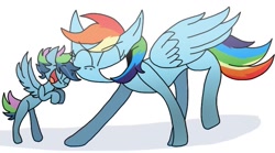 Size: 789x438 | Tagged: safe, artist:kabukipie, imported from derpibooru, rainbow dash, oc, oc:daring streak, pegasus, pony, colt, female, magical lesbian spawn, male, mother and son, next generation, offspring, parent:rainbow dash, parent:twilight sparkle, parents:twidash, simple background, white background