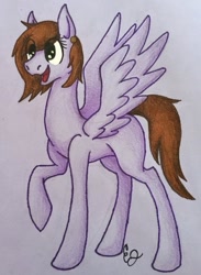 Size: 513x701 | Tagged: safe, imported from derpibooru, oc, oc:lilac sciath, pegasus, pony, artist, brown mane, colored pencil drawing, cute, ear piercing, earring, female, jewelry, mare, paper, pen, piercing, pretty, purple, smiling, tall, traditional art, wings