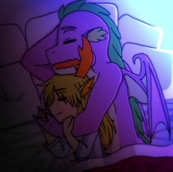Size: 1285x1278 | Tagged: safe, artist:fantasygerard2000, edit, imported from derpibooru, spike, thorax, anthro, changedling, changeling, dragon, human, bed, cuddling, eared humanization, embrace, femboy, gay, horned humanization, hug, humanized, interspecies, king thorax, male, older, older spike, pillow, shipping, snuggling, spooning, thoraxspike, winged humanization, winged spike, wings