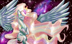 Size: 1600x993 | Tagged: safe, artist:tillie-tmb, imported from derpibooru, oc, oc only, oc:queen aeterna, alicorn, pony, female, magic, mare, solo, space, spread wings, wings