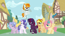 Size: 2200x1236 | Tagged: safe, artist:venomns, imported from derpibooru, oc, oc only, oc:butterscotch, oc:caramel, oc:cherry pie, oc:dusk, oc:flare, oc:orchid glow, earth pony, pegasus, pony, unicorn, floral head wreath, flower, flower in hair, magical lesbian spawn, offspring, parent:applejack, parent:fluttershy, parent:pinkie pie, parent:rainbow dash, parent:rarity, parent:spitfire, parent:starlight glimmer, parent:sunburst, parent:sunset shimmer, parent:tempest shadow, parent:trixie, parent:twilight sparkle, parents:appleshimmer, parents:flutterburst, parents:spitdash, parents:starity, parents:tempestlight, parents:trixiepie