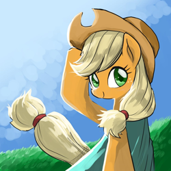 Size: 1000x1000 | Tagged: safe, artist:bojack_mlplove, imported from derpibooru, applejack, earth pony, pony, applejack's hat, cape, clothes, cowboy hat, female, grass, hat, looking at you, mare, solo
