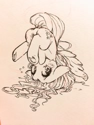 Size: 960x1280 | Tagged: safe, artist:sibashen, imported from derpibooru, fluttershy, pegasus, pony, black and white, blushing, female, floppy ears, grayscale, ink drawing, looking at you, mare, monochrome, simple background, solo, spread wings, traditional art, underhoof, upside down, white background, wings