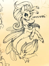 Size: 960x1280 | Tagged: safe, artist:sibashen, imported from derpibooru, princess skystar, seapony (g4), my little pony: the movie, female, gradient background, ink drawing, looking at you, one eye closed, raspberry, smiling, solo, tongue out, traditional art, wink