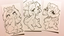 Size: 1280x720 | Tagged: safe, artist:sibashen, imported from derpibooru, somnambula, oc, oc:judgement rule, earth pony, pegasus, pony, unicorn, bite mark, black and white, chibi, female, grayscale, ink drawing, mare, monochrome, one eye closed, smiling, traditional art, wink