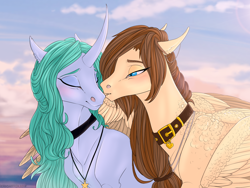Size: 1200x900 | Tagged: safe, artist:dementra369, imported from derpibooru, oc, oc only, oc:steffanie, pegasus, pony, unicorn, choker, collar, curved horn, hug, winghug