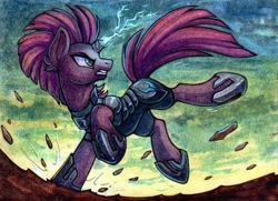 Size: 600x434 | Tagged: safe, artist:dragonataxia, imported from derpibooru, tempest shadow, pony, unicorn, my little pony: the movie, aceo, armor, broken horn, ear fluff, female, gritted teeth, lightning, looking back, mare, marker drawing, solo, sparks, traditional art