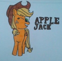 Size: 1235x1208 | Tagged: safe, artist:wouterthebelgian1999, imported from derpibooru, applejack, pony, female, one eye closed, solo, traditional art, wink