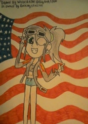 Size: 1292x1816 | Tagged: safe, artist:wouterthebelgian1999, imported from derpibooru, oc, oc only, oc:rockout e. stringer, equestria girls, american flag, classes, clothes, jacket, solo, traditional art