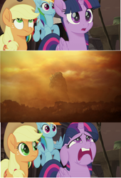 Size: 1928x2840 | Tagged: safe, edit, imported from derpibooru, screencap, applejack, rainbow dash, twilight sparkle, alicorn, kaiju, my little pony: the movie, anigoji, exasperated face, godzilla, godzilla (series), godzilla animeverse, godzilla earth, godzilla: planet of the monsters, spoilers for another series, this is gonna suck, twilight sparkle (alicorn)