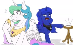 Size: 1920x1200 | Tagged: safe, artist:gamijack, imported from derpibooru, princess celestia, princess luna, alicorn, angry, blushing, cake, cakelestia, female, food, horn, mare, wings