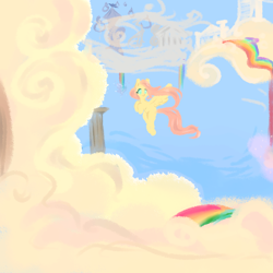 Size: 2000x2000 | Tagged: safe, artist:rinhedeaki, imported from derpibooru, fluttershy, pegasus, pony, cloud, cloud city, cloudsdale, female, flying, looking at you, mare, rainbow, solo, spread wings, windswept mane, wings