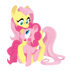 Size: 777x794 | Tagged: safe, artist:chop4, imported from derpibooru, fluttershy, pinkie pie, earth pony, pegasus, pony, cute, diapinkes, eye contact, female, flutterpie, hug, lesbian, looking at each other, open mouth, raised hoof, shipping, simple background, size difference, smiling, transparent background