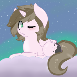 Size: 512x512 | Tagged: safe, artist:kittyshy, imported from derpibooru, oc, oc only, oc:nova, alicorn, pony, cloud, female, mare, night, prone, solo