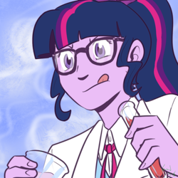 Size: 900x900 | Tagged: safe, artist:funakounasoul, imported from derpibooru, sci-twi, twilight sparkle, equestria girls, beaker, clothes, female, glasses, icon, lab coat, ponytail, science, solo, test tube, tongue out