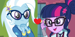 Size: 1202x596 | Tagged: safe, edit, edited screencap, imported from derpibooru, screencap, sci-twi, trixie, twilight sparkle, best trends forever, equestria girls, equestria girls series, friendship games, best trends forever: twilight sparkle, female, lesbian, sci-twixie, shipping, shipping domino, twixie