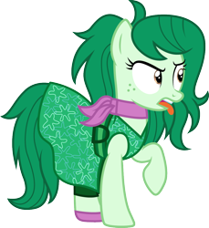 Size: 1000x1090 | Tagged: safe, artist:cloudy glow, artist:cloudyglow, imported from derpibooru, wallflower blush, earth pony, pony, equestria girls series, forgotten friendship, clothes, clothes swap, cosplay, costume, crossover, disgust (inside out), disney, dress, equestria girls ponified, female, green, inside out, open mouth, pixar, ponified, simple background, solo, tongue out, transparent background, vector, vector trace