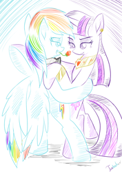 Size: 2480x3507 | Tagged: safe, artist:twidasher, imported from derpibooru, rainbow dash, twilight sparkle, pegasus, pony, bipedal, dancing, duo, female, flower, flower in mouth, jewelry, lesbian, mouth hold, regalia, rose, rose in mouth, shipping, tango, twidash