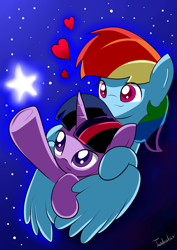Size: 2480x3507 | Tagged: safe, artist:twidasher, imported from derpibooru, rainbow dash, twilight sparkle, pegasus, pony, duo, female, heart, lesbian, shipping, stars, tangible heavenly object, twidash
