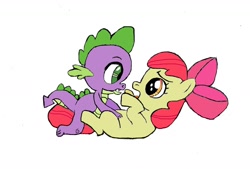 Size: 1280x867 | Tagged: safe, artist:dtcx97, artist:postcactus, imported from derpibooru, apple bloom, spike, dragon, pony, accident, accidental shipping, blank flank, female, filly, interspecies, male, shipping, simple background, spikebloom, straight, white background
