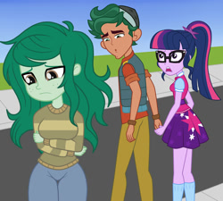 Size: 2000x1800 | Tagged: safe, artist:mashoart, imported from derpibooru, sci-twi, timber spruce, twilight sparkle, wallflower blush, equestria girls, equestria girls series, forgotten friendship, busty wallflower blush, cutie mark on clothes, distracted boyfriend meme, female, hips, holding hands, infidelity, male, ogling, shipping, stare, straight, teenager, timberflower, timbertwi