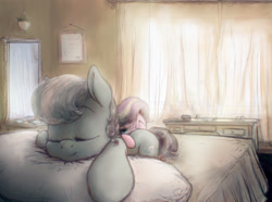 Size: 2500x1864 | Tagged: safe, artist:plotcore, imported from derpibooru, diamond tiara, silver spoon, earth pony, pony, bed, bedroom, curtains, cutie mark, dresser, duo, eyes closed, female, filly, indoors, morning, picture frame, pillow, prone, sleeping, window