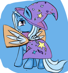 Size: 864x927 | Tagged: safe, artist:fezan, deleted from derpibooru, derpibooru exclusive, imported from derpibooru, trixie, pony, unicorn, alicorn costume, cardboard wings, costume, fake wings, female, looking at you, looking back, looking back at you, mare, smiling, smirk, solo