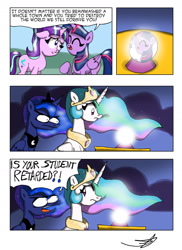 Size: 1024x1408 | Tagged: safe, artist:ringteam, imported from derpibooru, princess celestia, princess luna, starlight glimmer, twilight sparkle, alicorn, pony, unicorn, :|, artist is a duck, c:, comic, crystal ball, drama, duckery in the comments, eye contact, eyes closed, female, floppy ears, forgiveness, frown, glare, hypocrisy, looking at each other, mare, mouthpiece, open mouth, retarded, she knows, smiling, speech bubble, starlight drama, text, twilight sparkle (alicorn), vulgar, wide eyes, woonoggles, worried