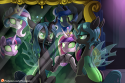 Size: 1200x799 | Tagged: safe, artist:pusspuss, imported from derpibooru, princess cadance, princess celestia, princess luna, queen chrysalis, twilight sparkle, alicorn, changeling, changeling queen, pony, amputee, crown, fanfic, fanfic art, female, green eyes, jewelry, mare, masks, mirror, patreon, patreon logo, prosthetic limb, prosthetics, reflection, regalia, royal sisters, short mane