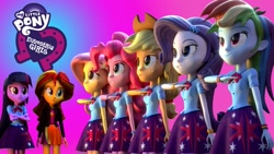 Size: 1280x720 | Tagged: safe, artist:creatorofpony, artist:theponyguy1998, edit, imported from derpibooru, applejack, fluttershy, pinkie pie, rainbow dash, rarity, sunset shimmer, twilight sparkle, alicorn, equestria girls, 3d, army, clothes swap, equestria girls logo, humane five, humane seven, humane six, military, military uniform, salute, twilight sparkle (alicorn)