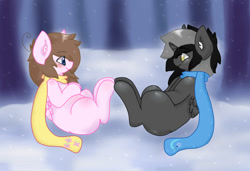 Size: 750x512 | Tagged: safe, artist:kittyshy, imported from derpibooru, oc, oc only, alicorn, pegasus, pony, clothes, female, mare, scarf, snow