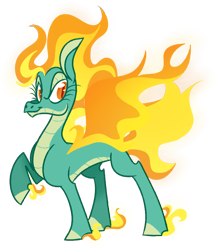 Size: 759x859 | Tagged: safe, artist:woollily, imported from derpibooru, tianhuo, longma, them's fightin' herds, female, mane of fire, quadrupedal, raised hoof, simple background, solo, tianhuo (tfh), transparent background