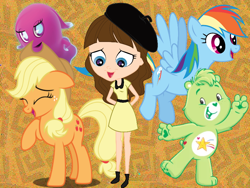 Size: 800x600 | Tagged: safe, artist:illumnious, imported from derpibooru, applejack, rainbow dash, bear, earth pony, ghost, human, pegasus, pony, ashleigh ball, blythe baxter, care bears, care bears adventures of care a lot, littlest pet shop, oopsy bear, pac-man, pac-man and the ghostly adventures, pinky, pinky (pac-man), voice actor joke