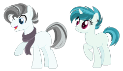 Size: 762x442 | Tagged: safe, artist:marielle5breda, imported from derpibooru, oc, oc only, earth pony, pony, unicorn, clothes, female, magical gay spawn, magical lesbian spawn, male, mare, offspring, parent:double diamond, parent:neon lights, parent:rainbow dash, parent:vinyl scratch, parents:vinyldash, scarf, simple background, stallion, transparent background