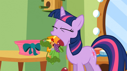 Size: 1920x1080 | Tagged: safe, imported from derpibooru, screencap, twilight sparkle, pony, unicorn, green isn't your color, apple, banana, basket, carrot, cherry, eating, eyes closed, female, food, gentlemen, grapes, herbivore, pie, solo, unicorn twilight