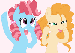 Size: 725x519 | Tagged: safe, artist:duomochiaro, artist:mana minori, imported from derpibooru, cup cake, pear butter, pony, best friends, chiffon swirl, silly, silly pony, tongue out