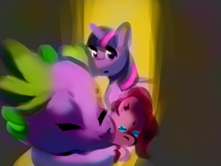 Size: 1200x900 | Tagged: safe, artist:rosanacabellomaria, imported from derpibooru, pinkie pie, spike, twilight sparkle, dragon, unicorn, baby, baby dragon, cuddling, cute, doll, eyes closed, fluffy, hug, painting, plushie, purple, shading, sleeping, smooth, snuggling, toy, unicorn twilight