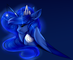Size: 4800x4000 | Tagged: safe, artist:shalnor, artist:sheetanii, imported from derpibooru, princess luna, alicorn, pony, absurd resolution, blue background, bust, crown, ear fluff, eyes closed, female, horn, horn jewelry, jewelry, mare, portrait, regalia, simple background, solo