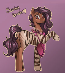 Size: 1364x1519 | Tagged: safe, artist:nauth, imported from derpibooru, oc, oc only, oc:scarlet brush, horse, hybrid, pony, zebra, zony, apron, butt, clothes, cute, female, gradient background, mare, plot, raised hoof, zebra oc, zorse